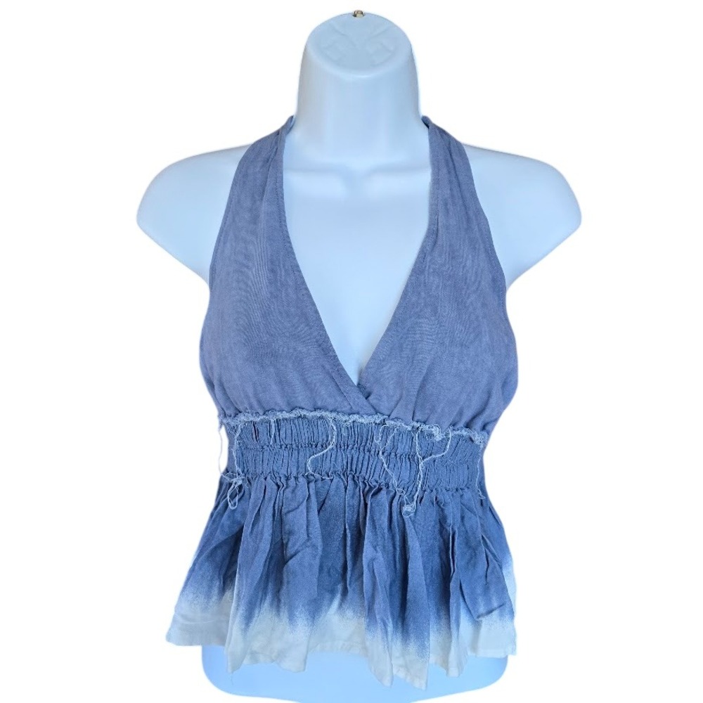 Ocean Drive Halter Crop Top Womens M Blue Ombre Boho Coastal Peplum Smocked